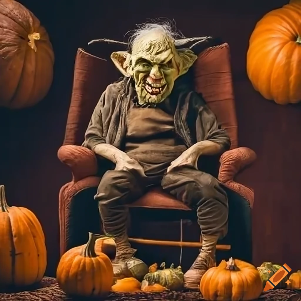 Angry old goblin sitting on a chair surrounded by pumpkins