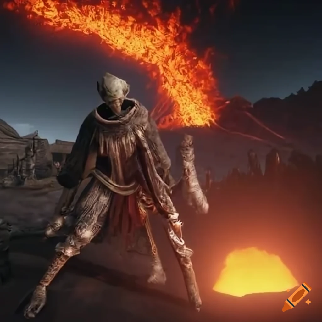 Epic boss battle in a volcanic landscape