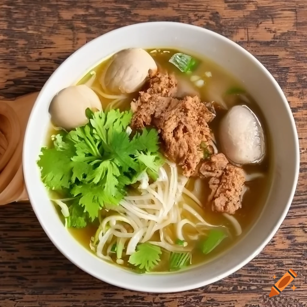 Bow of Thai Kuay-Tiew Nam Sai clear soup with vermicelli noodles, fish balls, and minced pork