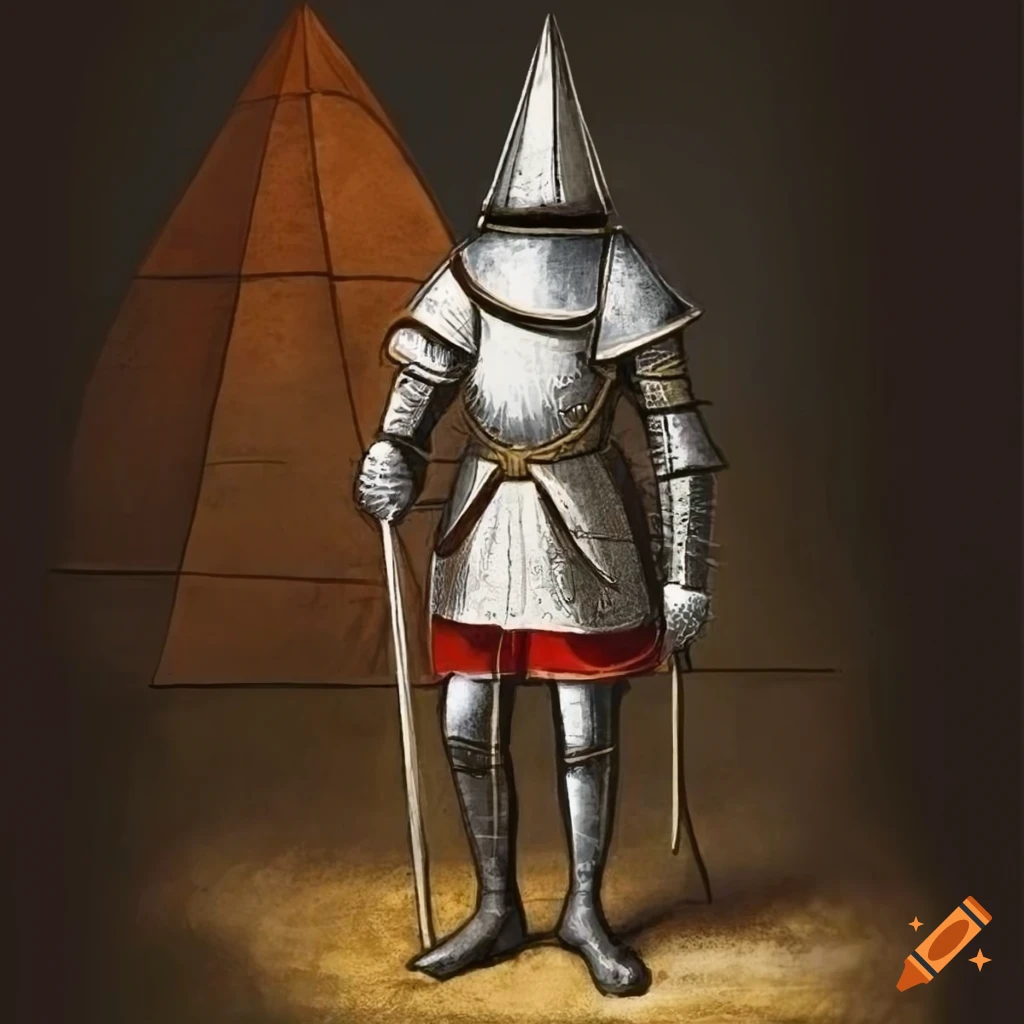 Medieval illuminated illustration of a knight with a pyramid helmet