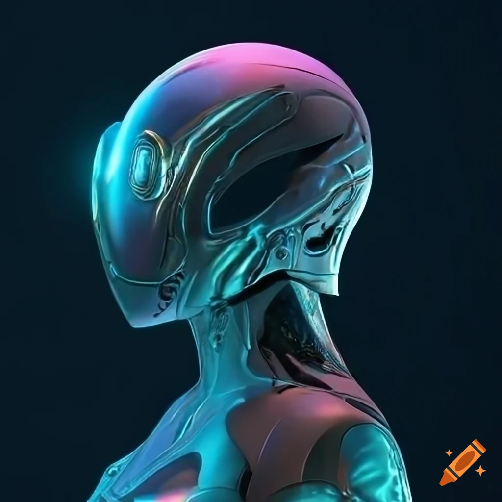 Female cyborg running with futuristic metallic helmet