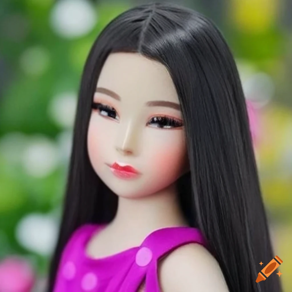 Portrait of a detailed mannequin with black hair and Asian features
