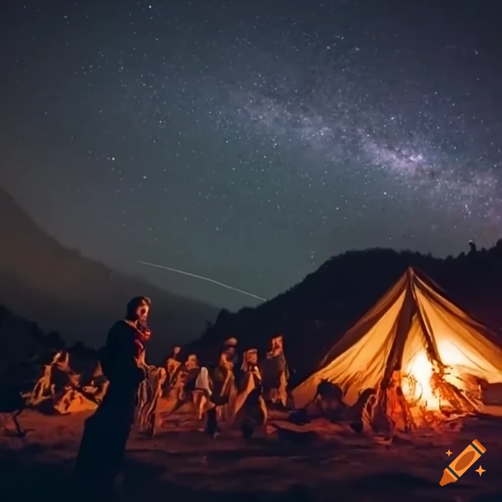 Scouts in front of a campfire under a starry sky