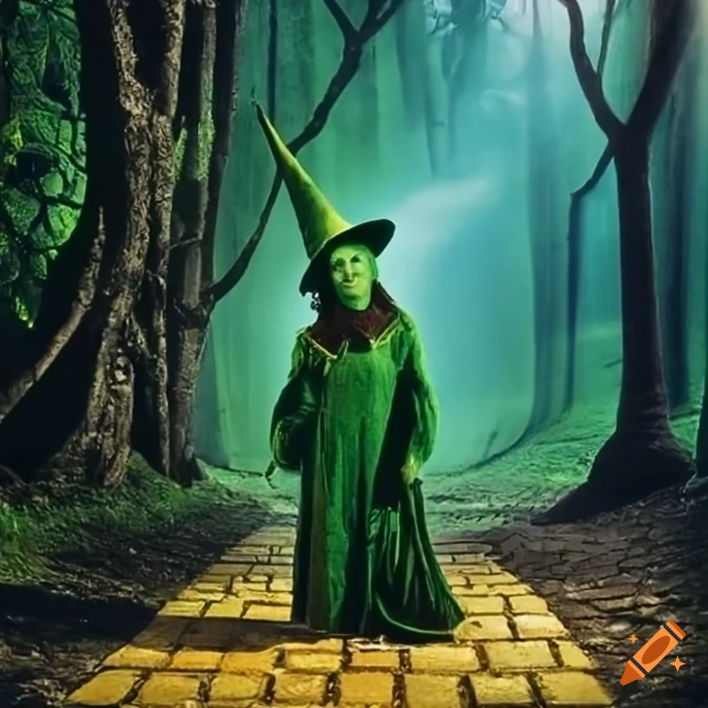 The Green Witch and Toto from the Wizard of Oz on the Yellow Brick Road