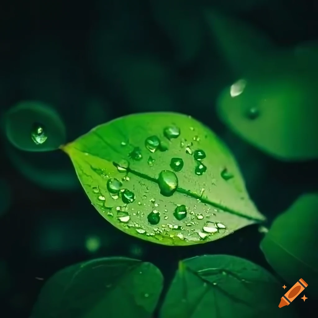 Green leaves on the ground with water drops