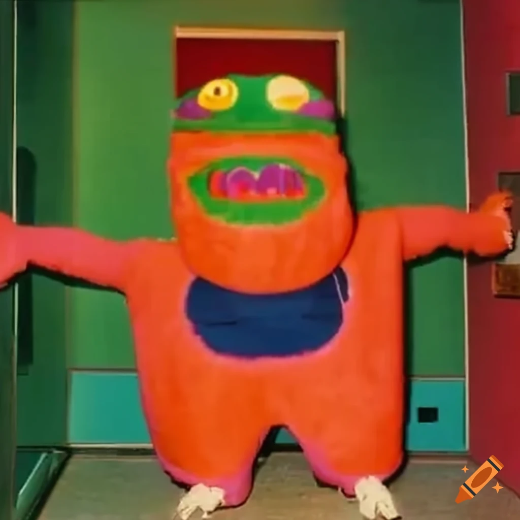 Colorful children's mascot monster in a dark elementary school setting