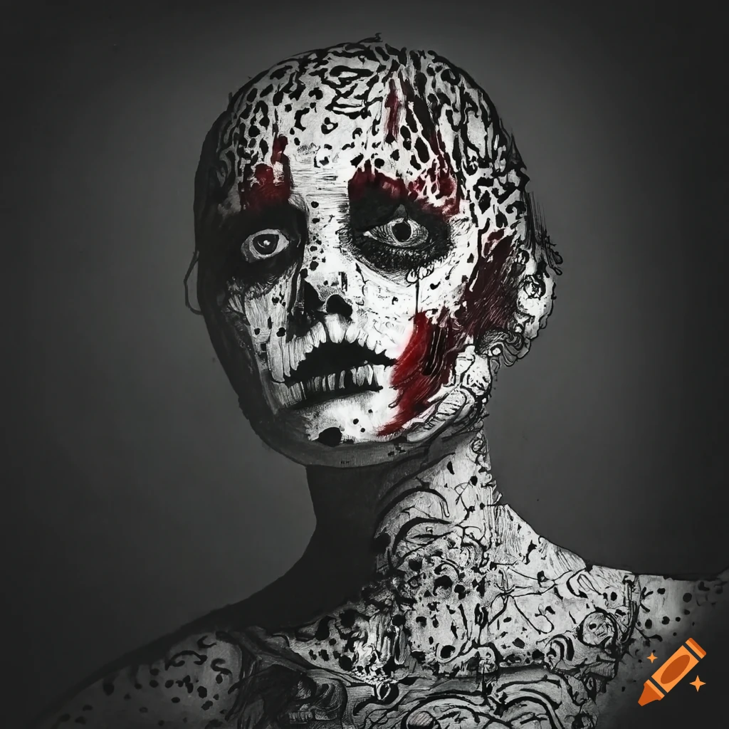 Intricate black, red, and white ink drawing of a tormented ghost overwhelmed by anxiety