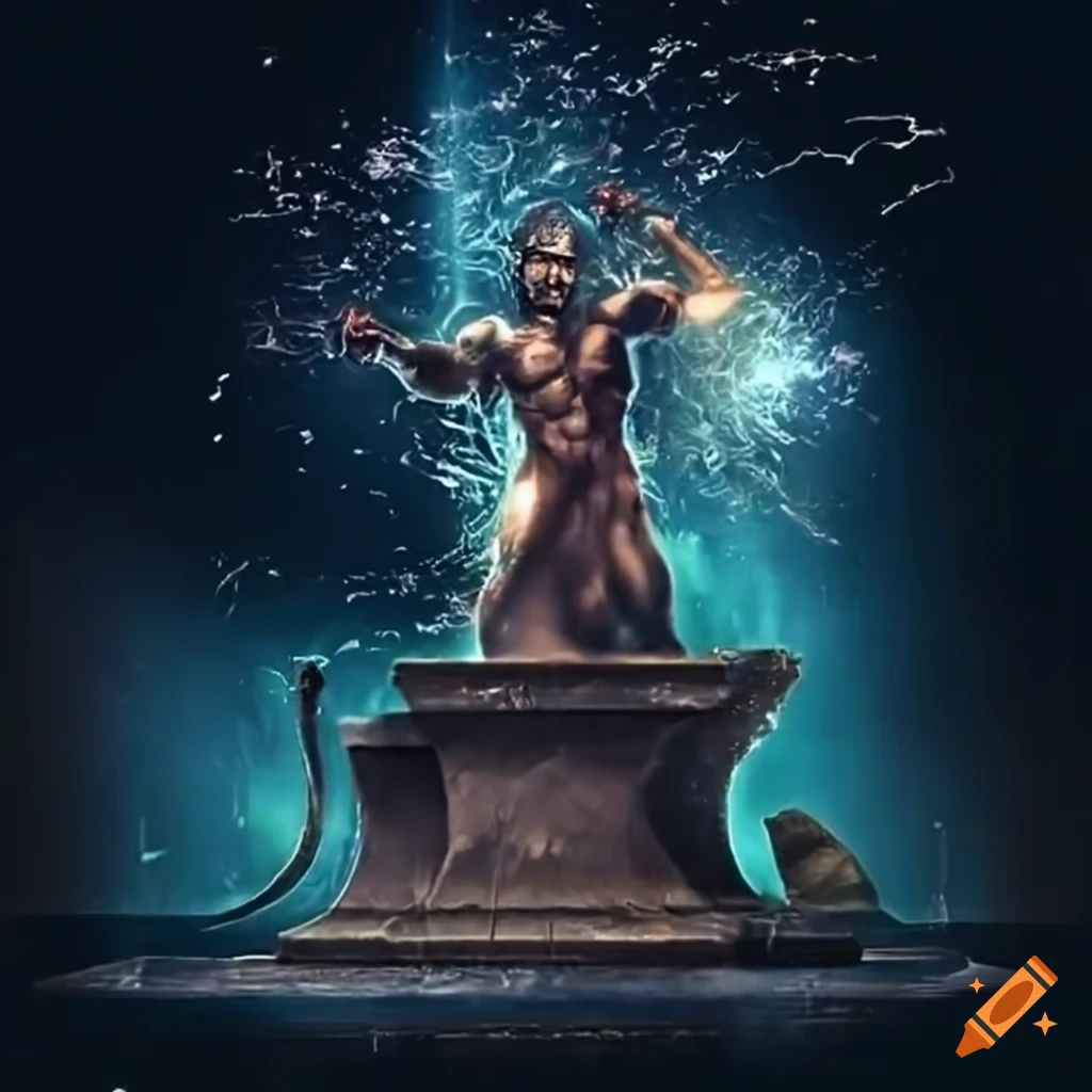 Roman god Vulcan forging a microchip on an anvil with computer screens in the background