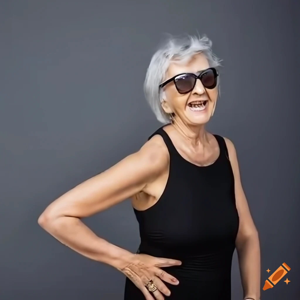 Smiling 70-year-old woman with long grey hair in black swimsuit at the beach