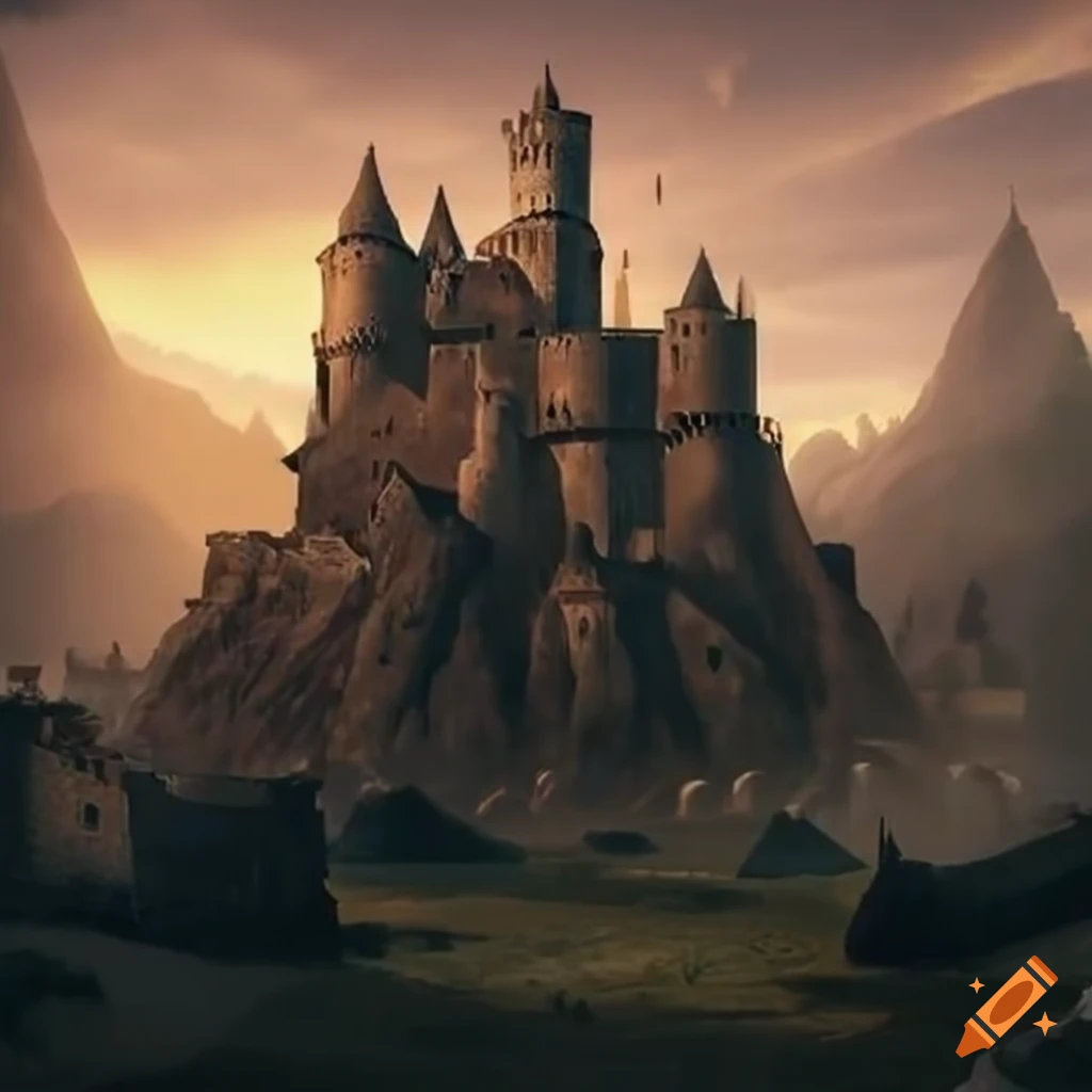 Ancient magical castle surrounded by medieval military encampment