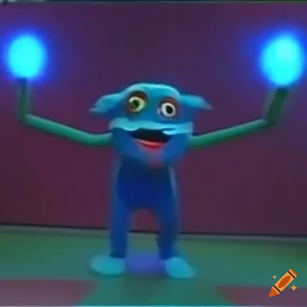 Colorful children's mascot monster crawling in a colorful school