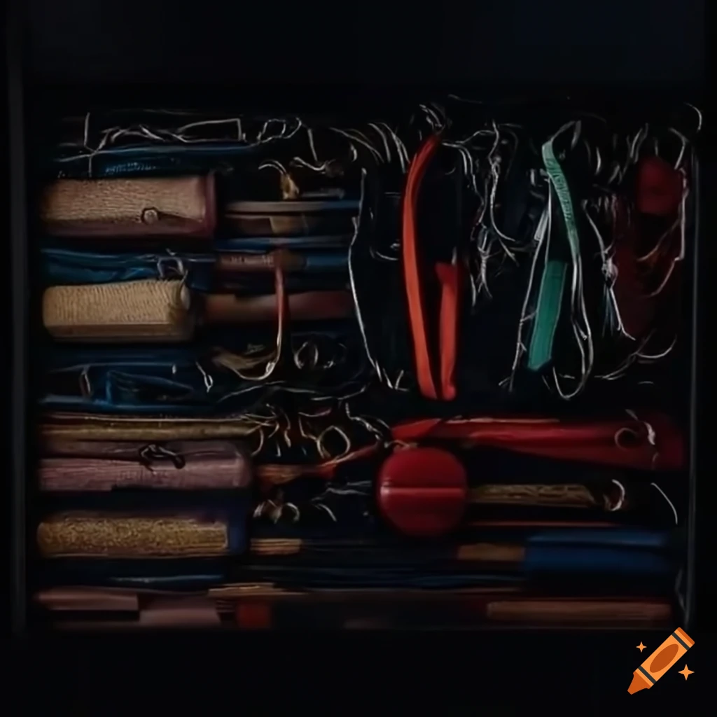 Drawer filled with tangled elastic bands and metal nobs