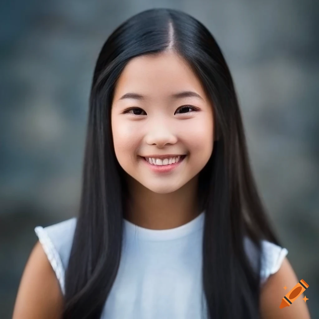 Detailed portrait of a girl with black hair transforming into an Asian ethnicity