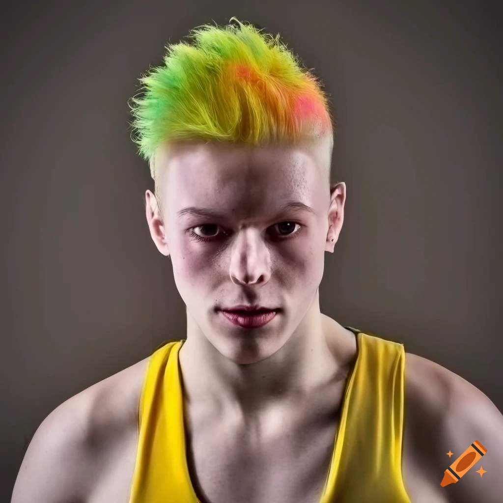 Closeup of colorful haired male wrestler in dark yellow wrestling uniform and piercings