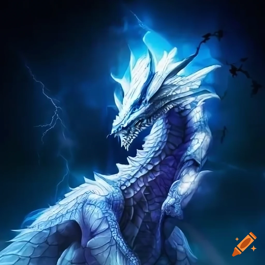 White dragon with blue eyes surrounded by blue lightning