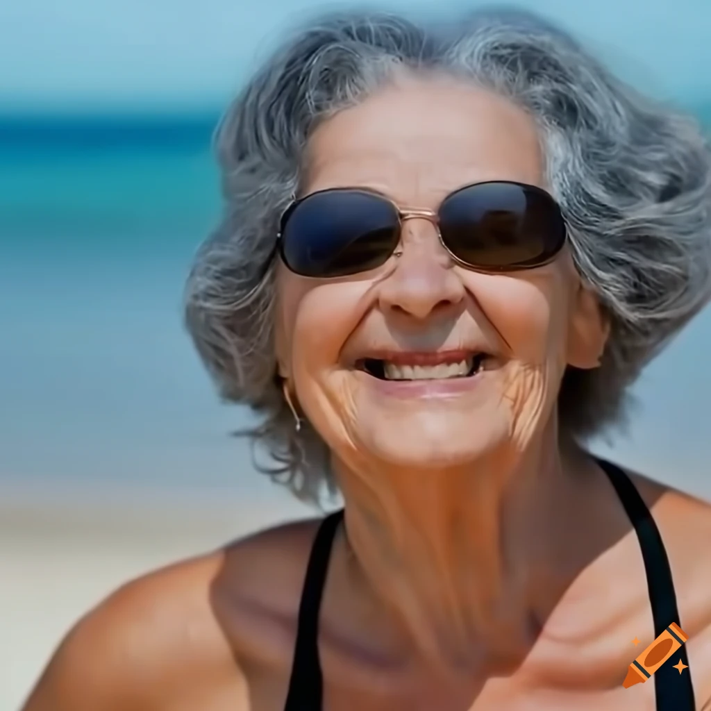 Smiling 70-year-old woman with long grey hair in black swimsuit at the beach