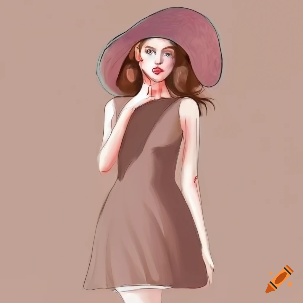 Beautiful female model in a brown dress and hat, pastel artwork