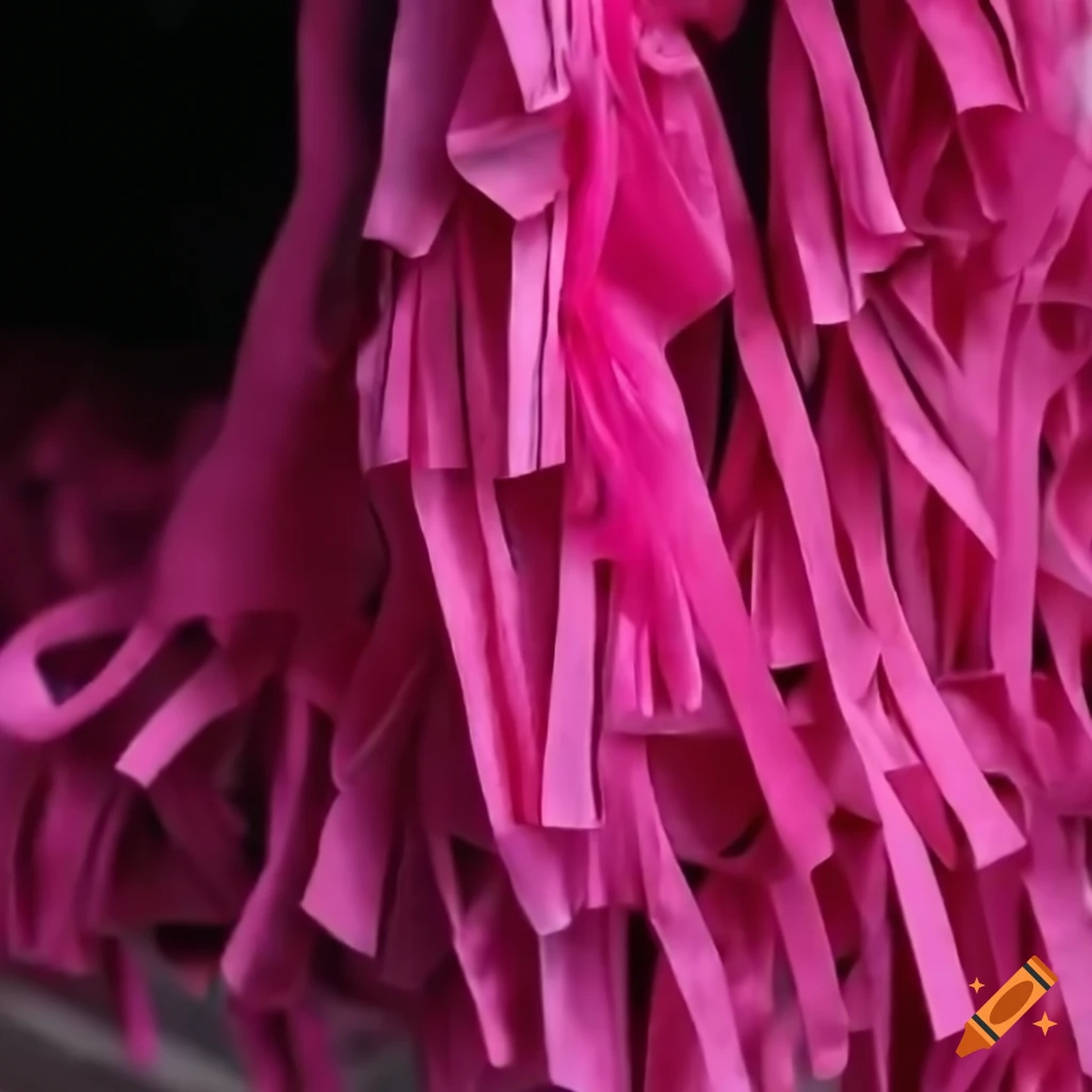 Bus stop covered in pink textile strips and bows
