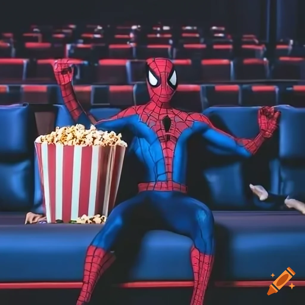 Spider-Man watching movie with popcorn in cinema