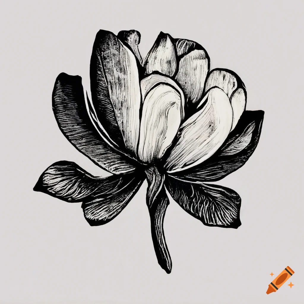 Linocut of two magnolia leaves and flower in black ink on white background