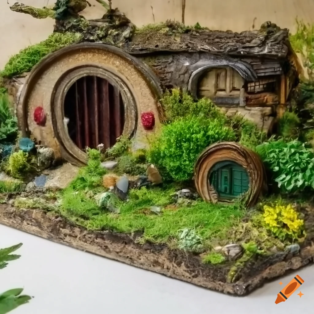Terrarium with hobbit house near a lake in a miniature diorama