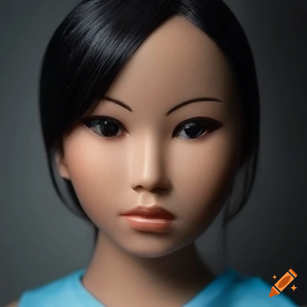 Portrait of a detailed mannequin with black hair resembling Mabel Pines
