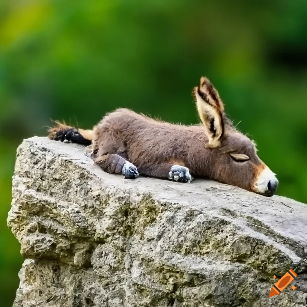 Miniature donkey sleeping on a rock in a diorama