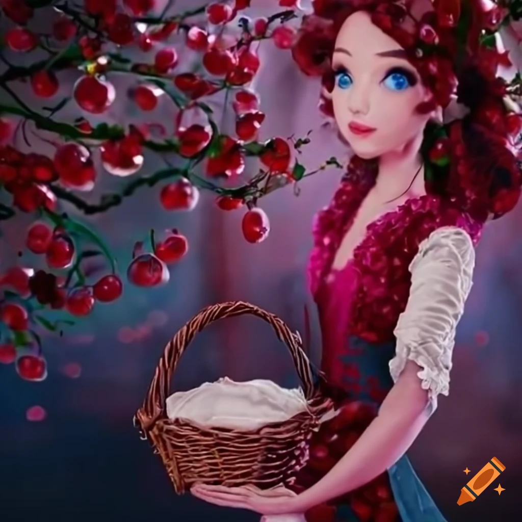 Princess walking in a cherry garden with a basket of cherries