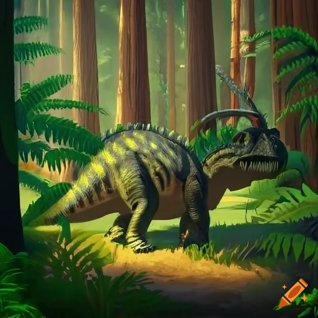 Styracosaurus pair walking in a sunny forest clearing with low fern undergrowth