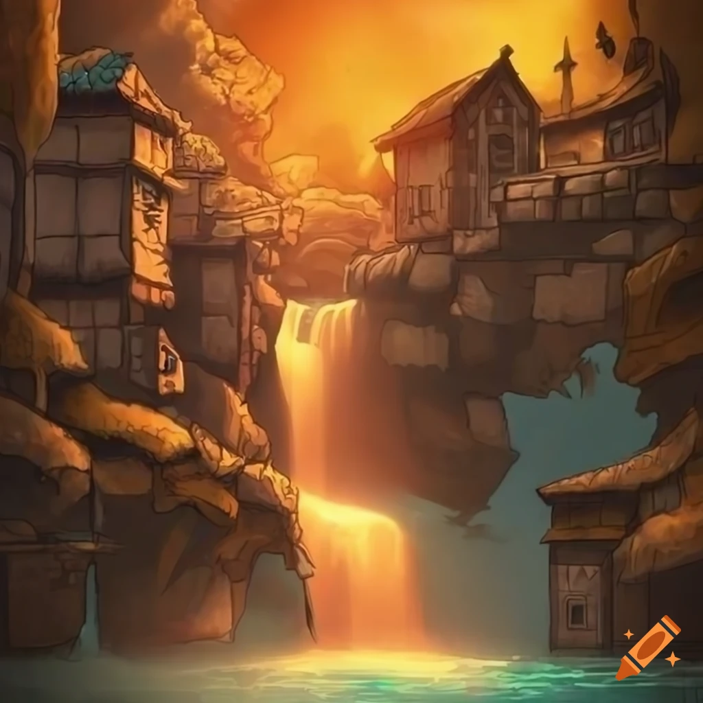 Detailed map of a DND town around an orange waterfall and crystal clear pool