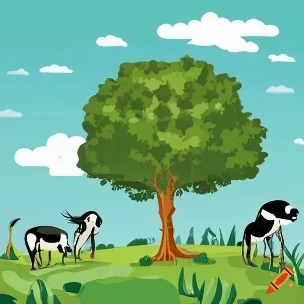 Animals around the 'Punong Hari' tree with skyward-reaching branches