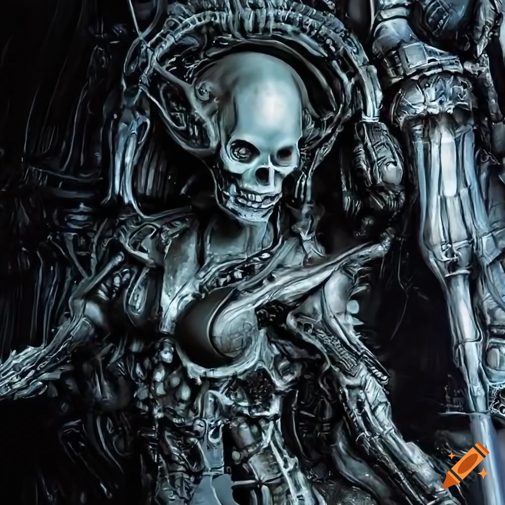 Sci-fi illustration of female character in alien biomechanical environment by Luis Royo and H.R. Giger