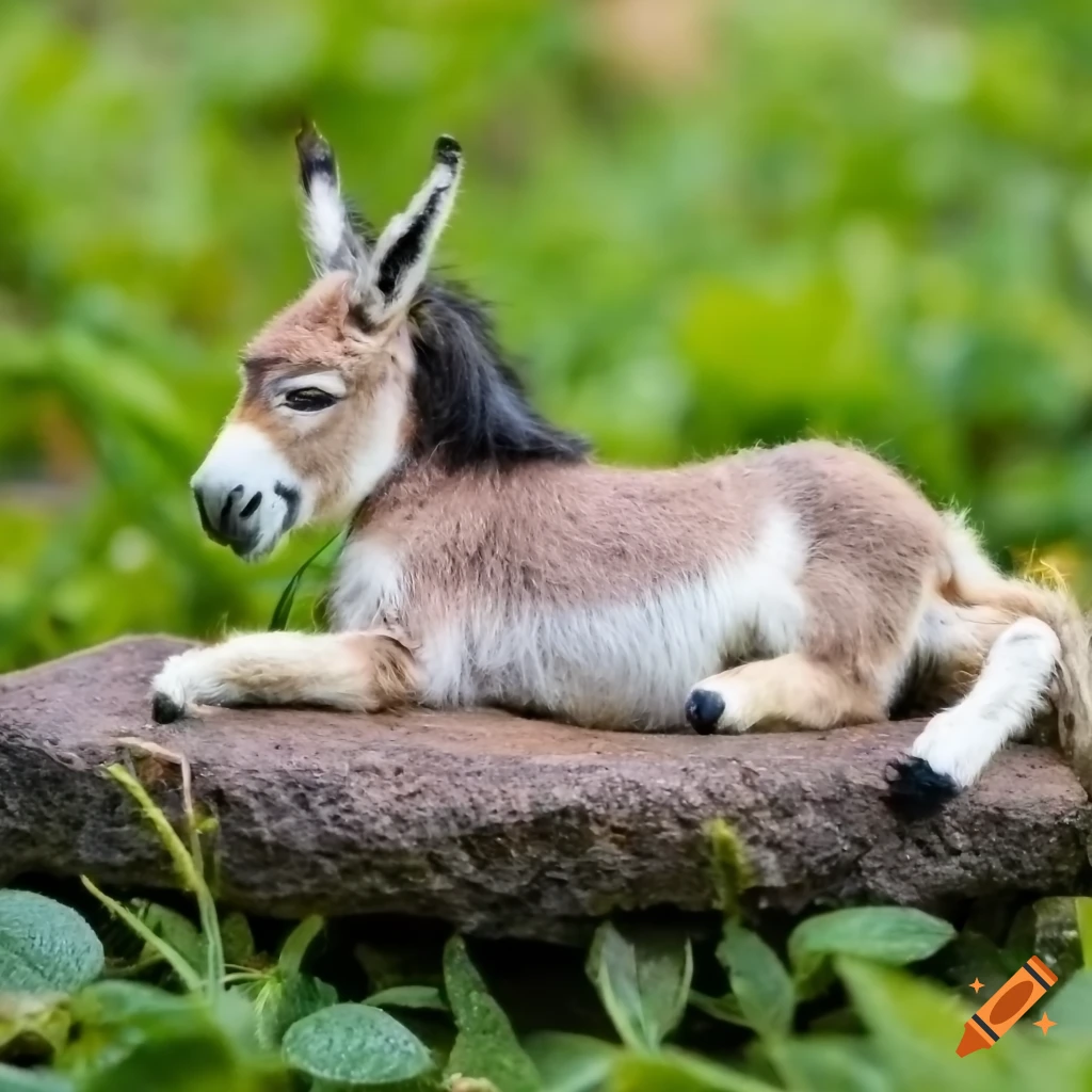 Miniature donkey sleeping on a rock in a diorama