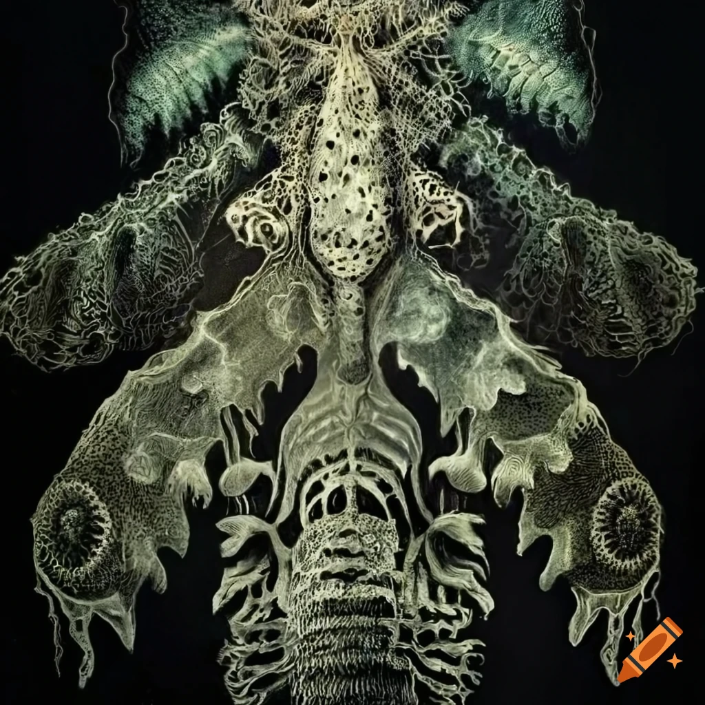 Abstract surreal Death's head moth composed of intricate fungus spores in Ernst Haeckel style