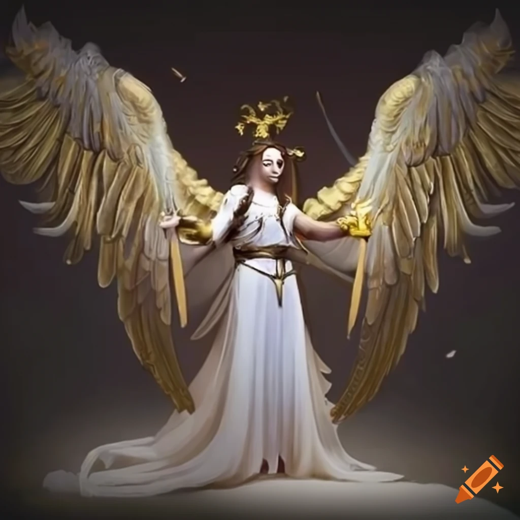 Majestic angel with golden wings above a battlefield surrounded by ethereal soldiers
