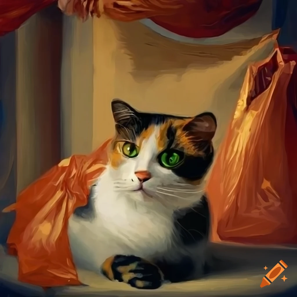 Short haired calico cat surrounded by plastic bags in a renaissance style