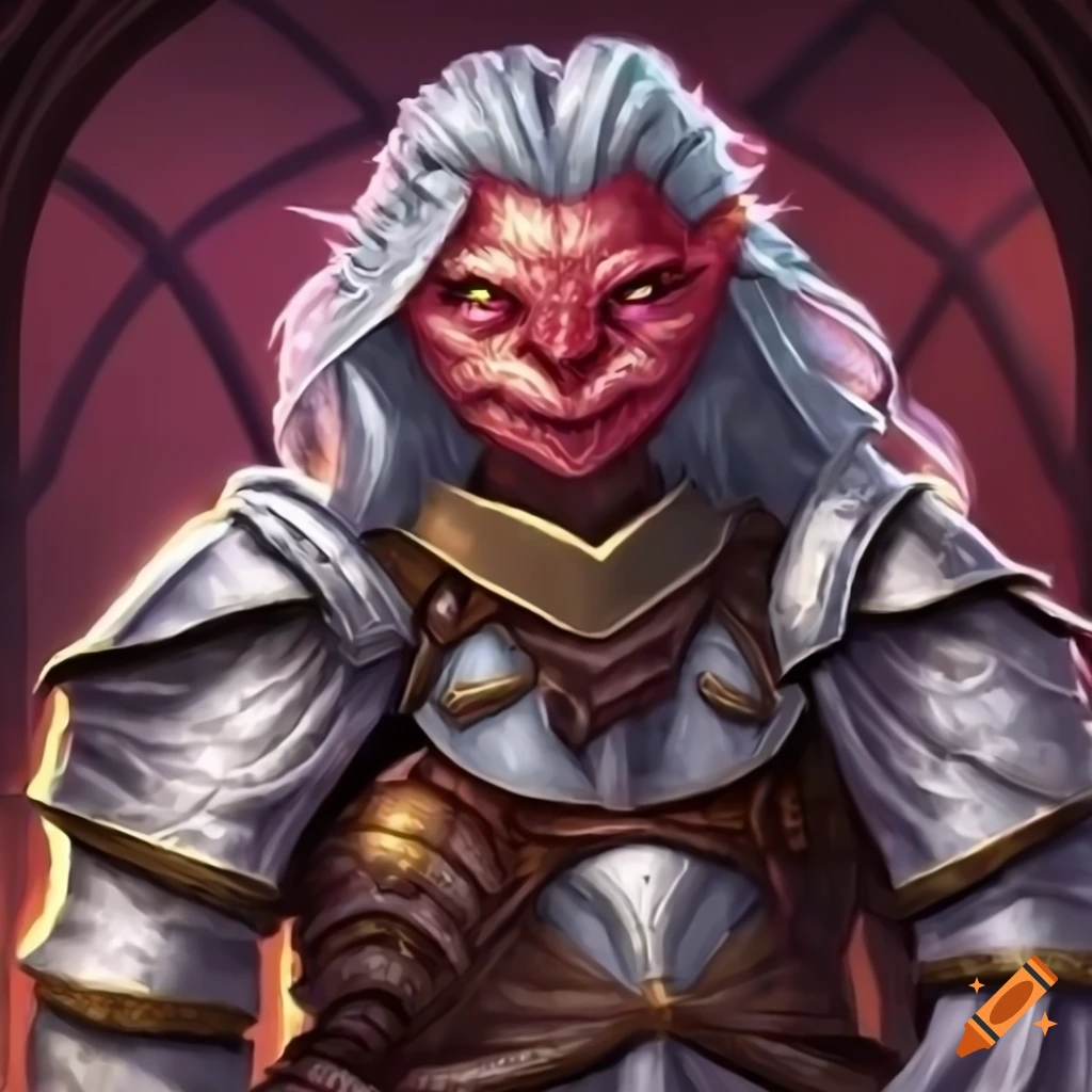 Dragonborn paladin character with white dragon scale skin and pink eyes