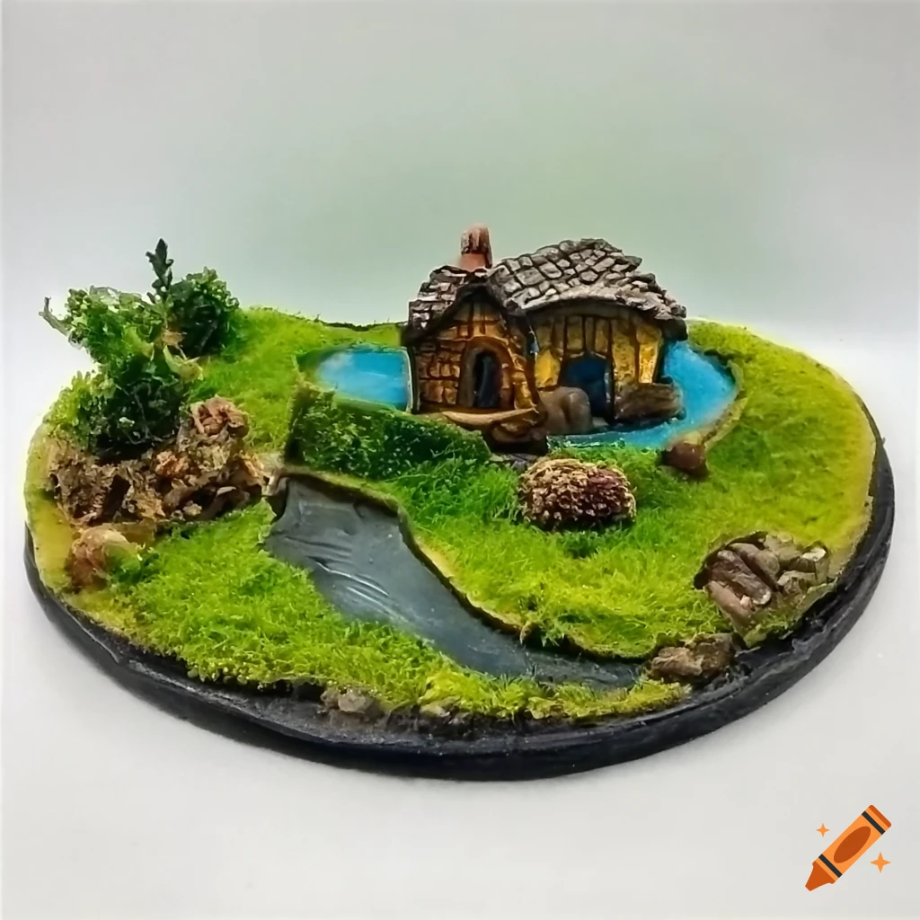 Terrarium with hobbit house and lake diorama