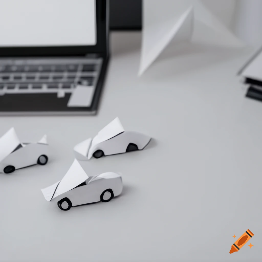 White office desk with paper origami cars