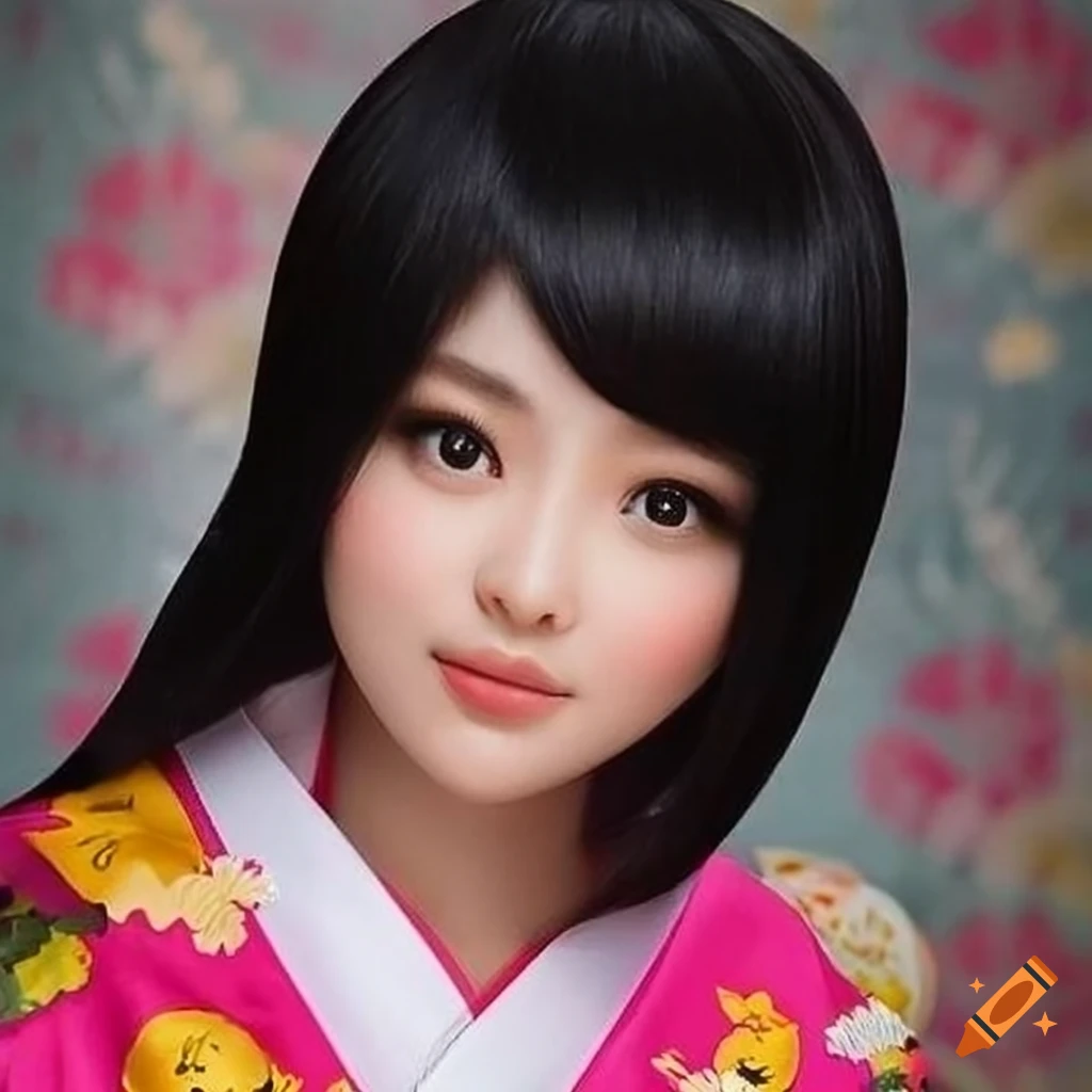 Portrait of an Asian woman with black hair wearing a kimono