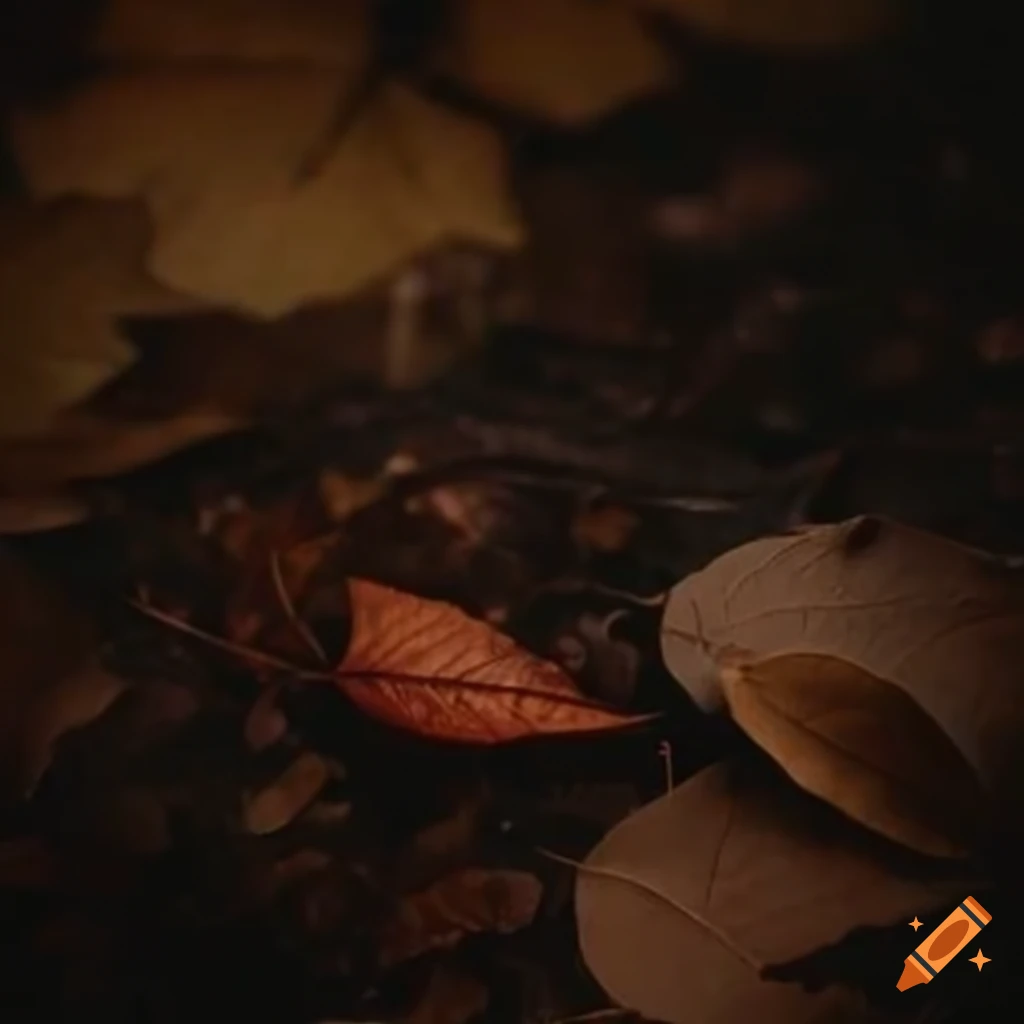 Close-up view of leaf litter in a dark and gloomy setting