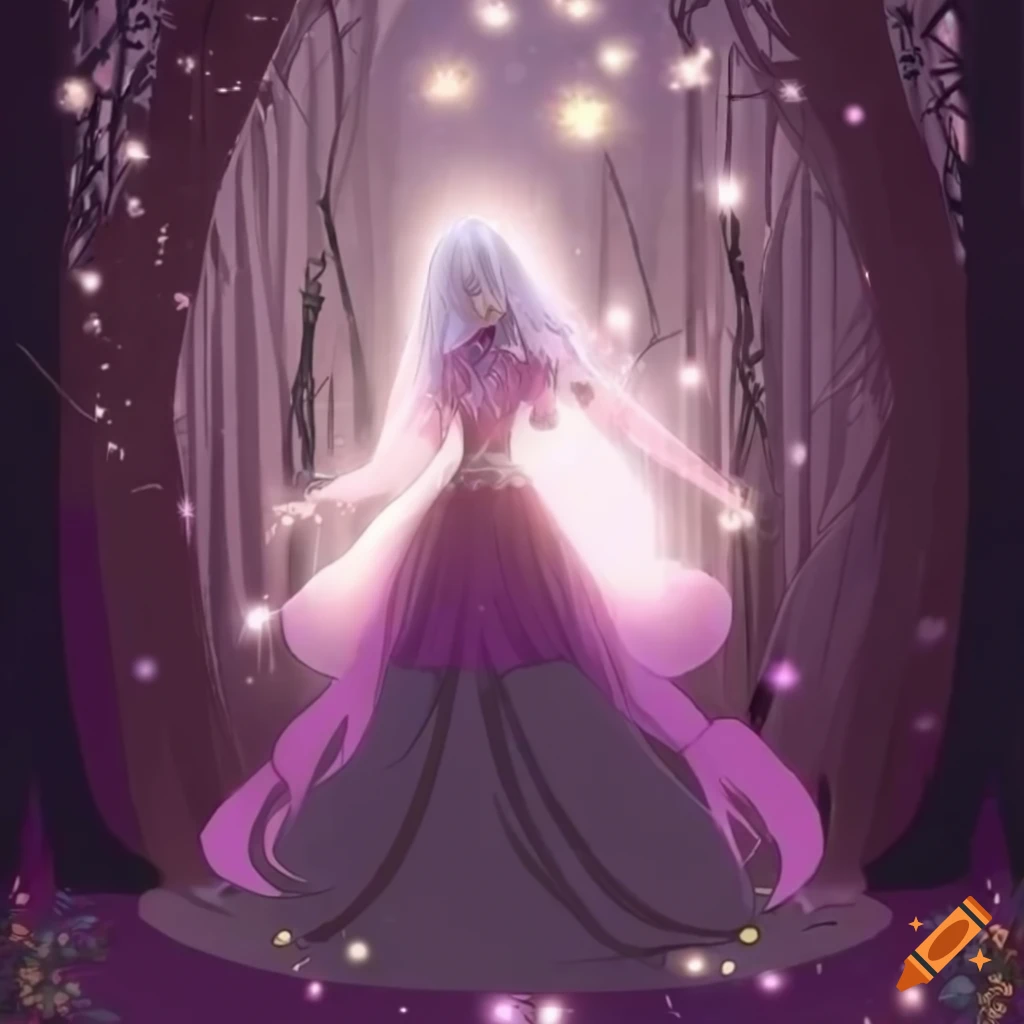 Anime girl with silver hair in a mystical forest with glowing flowers and ancient trees