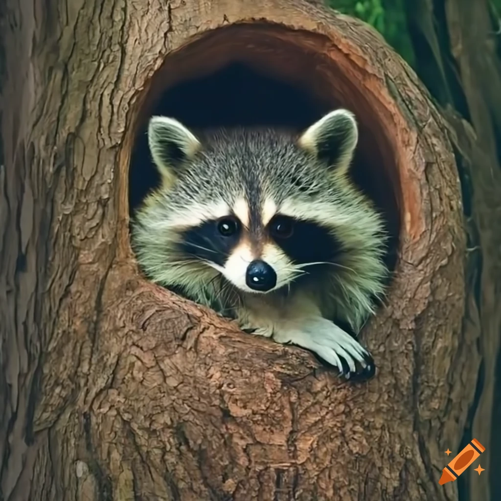 Cute raccoon in a cozy tree hollow within a lush forest