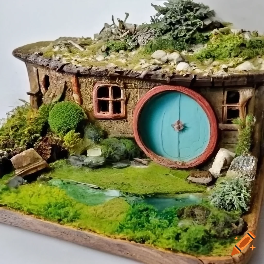 Terrarium with hobbit house and lake diorama