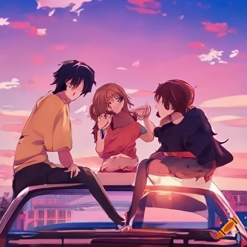 Friends laughing on a road trip in anime aesthetic square photo