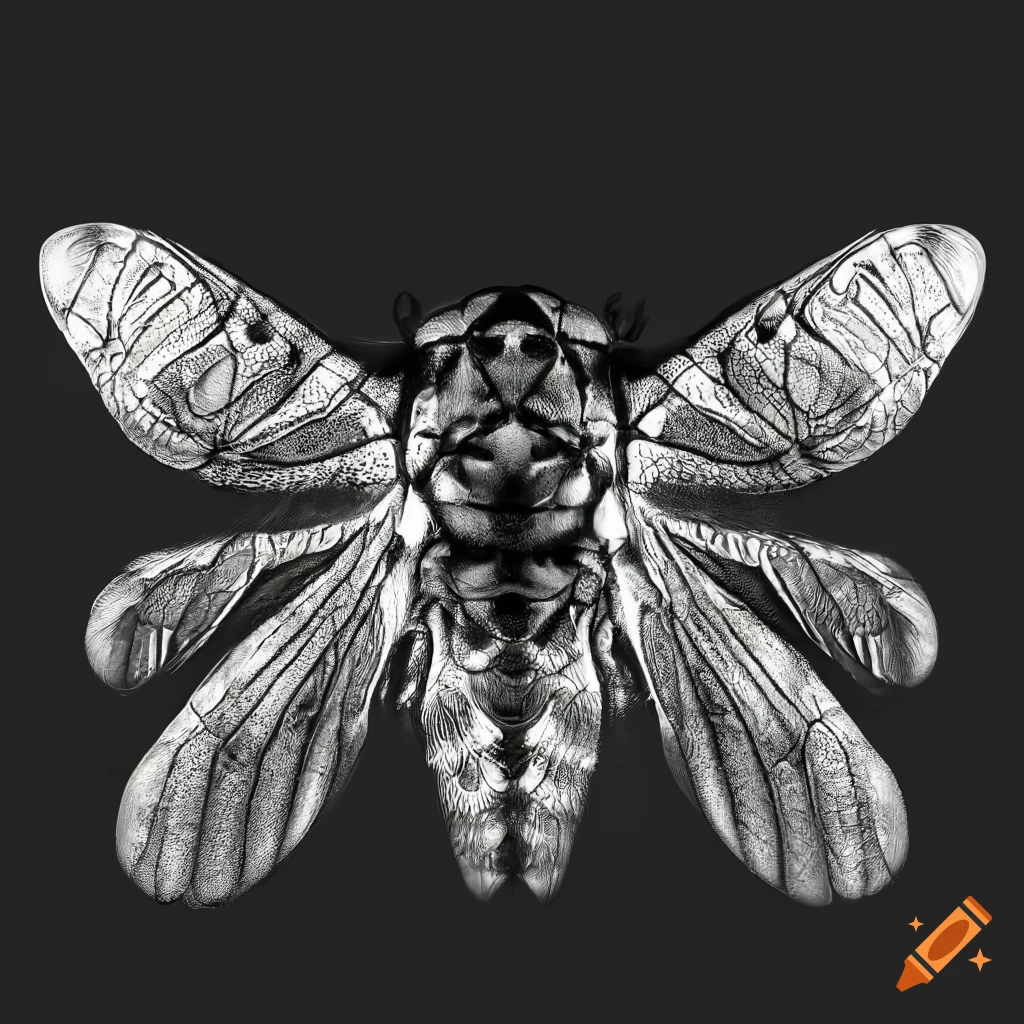 Symmetrical cicada wingspread on black background