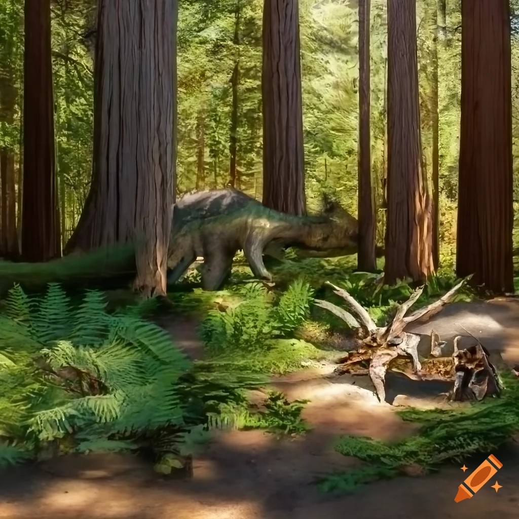 Styracosaurus pair walking in a sunny forest clearing with low fern undergrowth