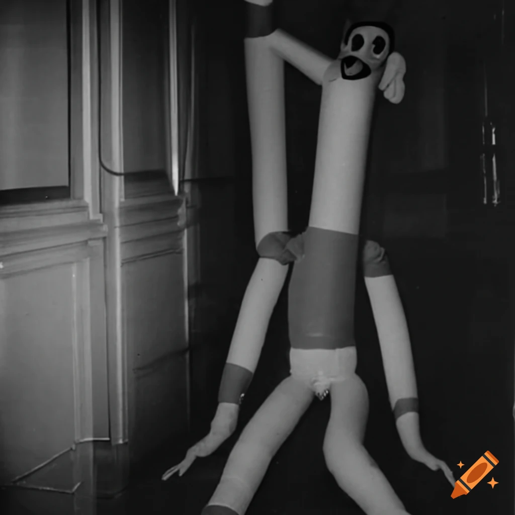 Colorful children's mascot monster with long noodley arms and legs like an inflatable tube man