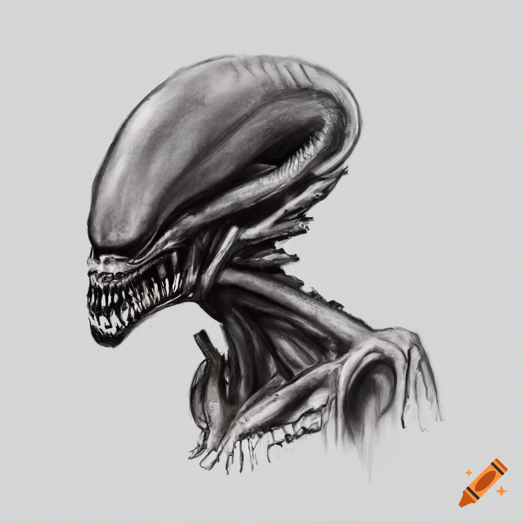 Charcoal drawing of a xenomorph on a white background