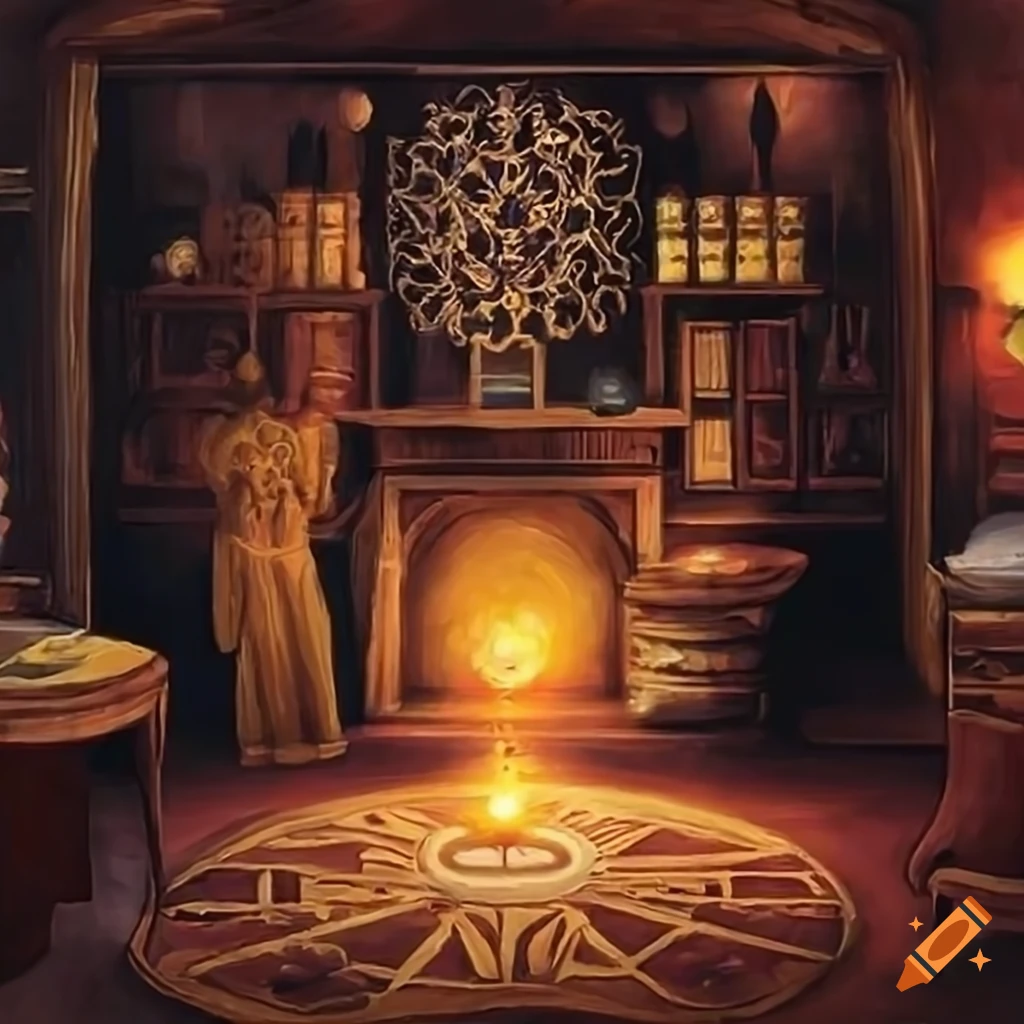 Witch's atelier with geometric magic circle in Millet's oil painting style